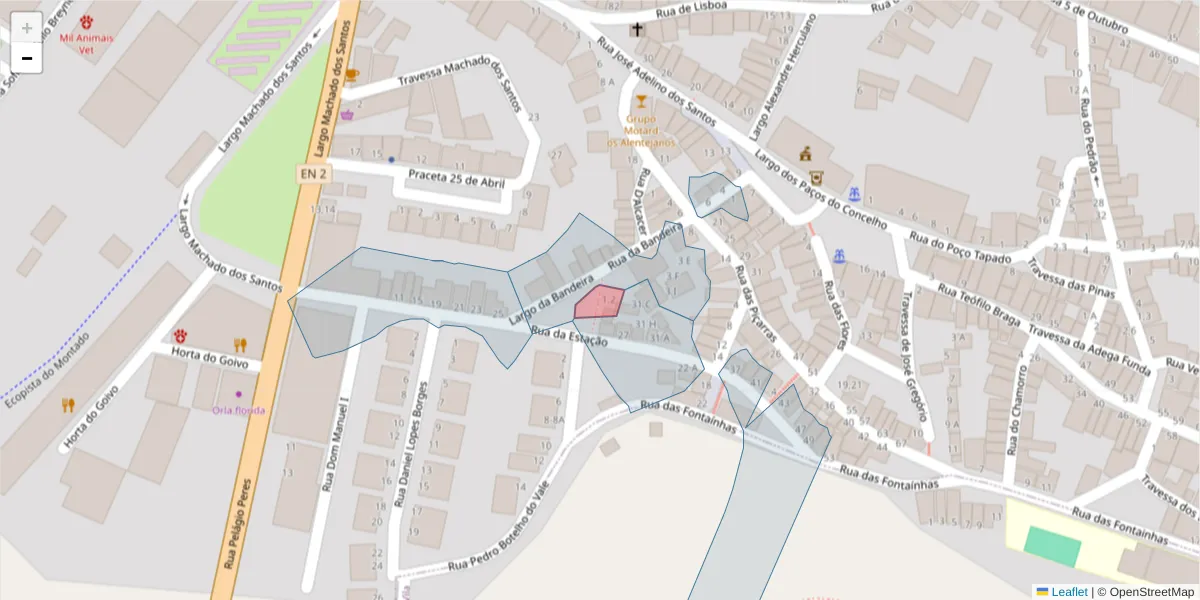 Mapa detalhado do código postal 7050-114 com limites, códigos postais vizinhos e agências dos correios