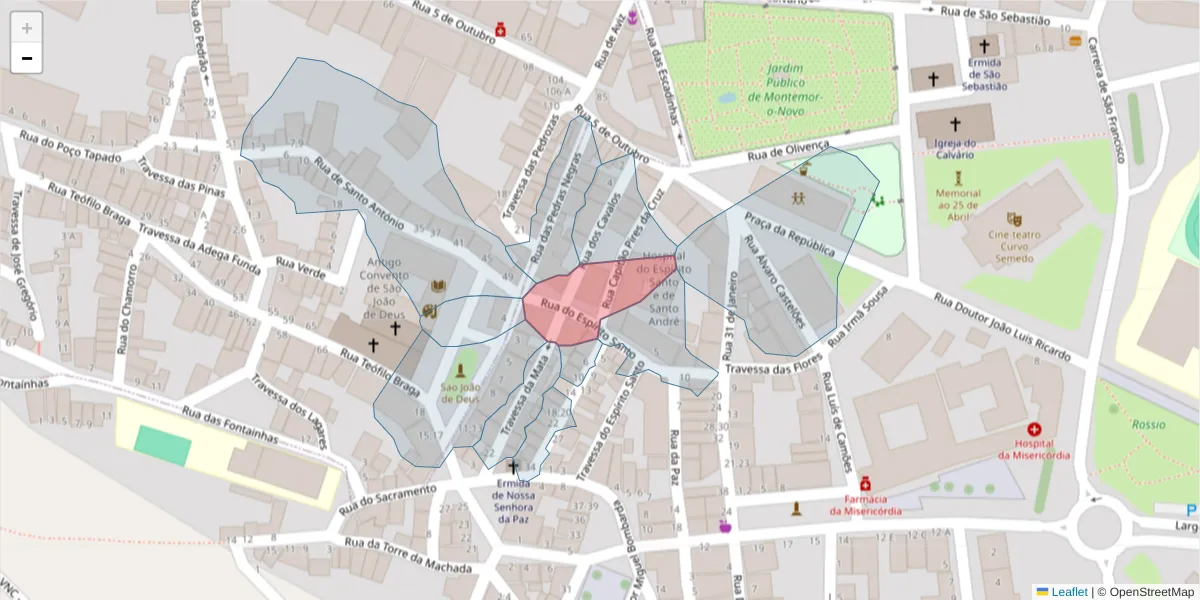 Mapa detalhado do código postal 7050-124 com limites, códigos postais vizinhos e agências dos correios