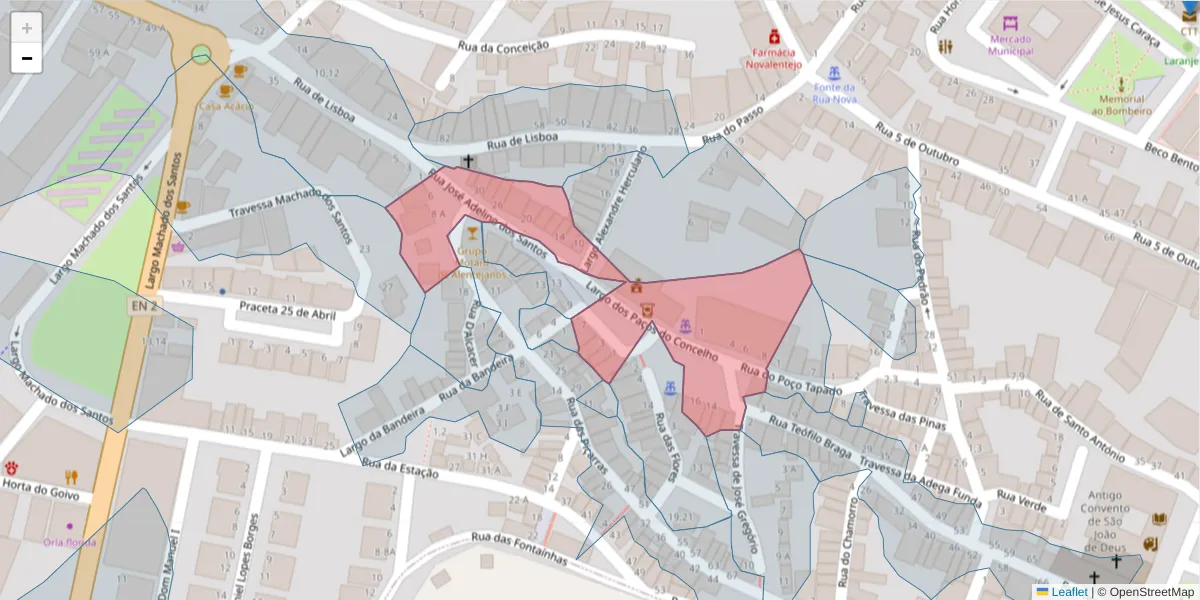 Mapa detalhado do código postal 7050-127 com limites, códigos postais vizinhos e agências dos correios