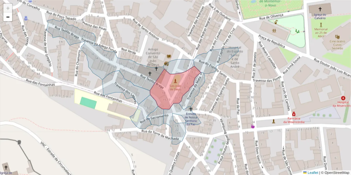 Mapa detalhado do código postal 7050-128 com limites, códigos postais vizinhos e agências dos correios