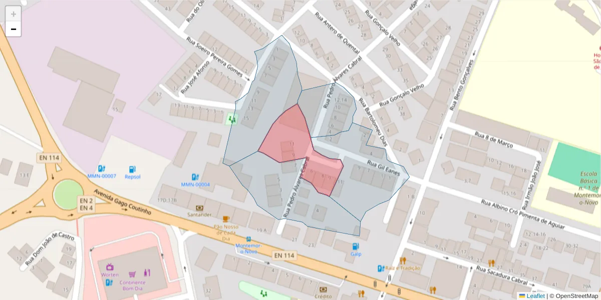 Mapa detalhado do código postal 7050-129 com limites, códigos postais vizinhos e agências dos correios
