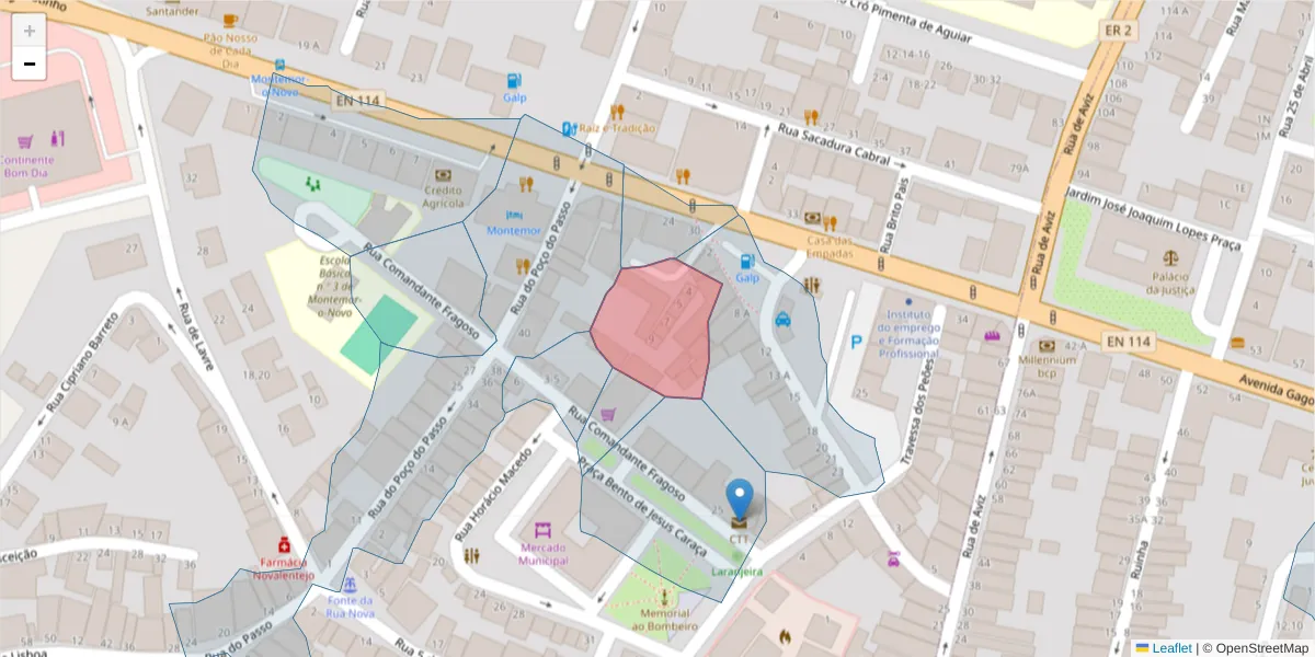 Mapa detalhado do código postal 7050-130 com limites, códigos postais vizinhos e agências dos correios