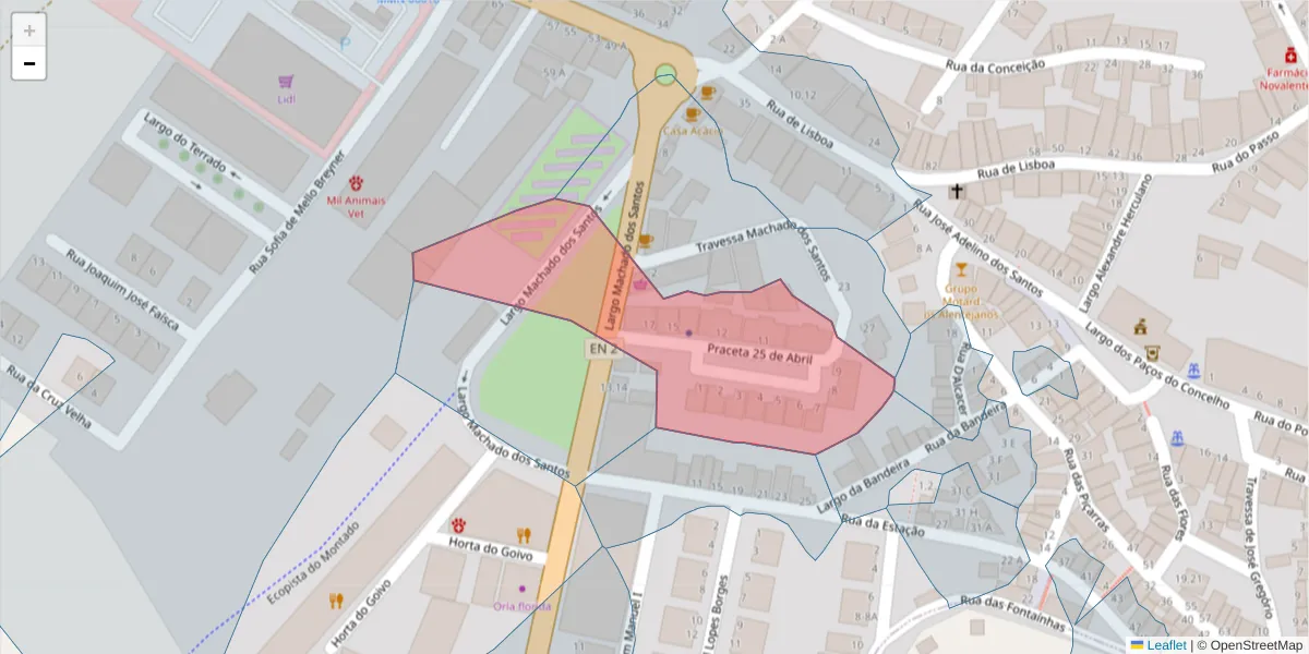 Mapa detalhado do código postal 7050-135 com limites, códigos postais vizinhos e agências dos correios
