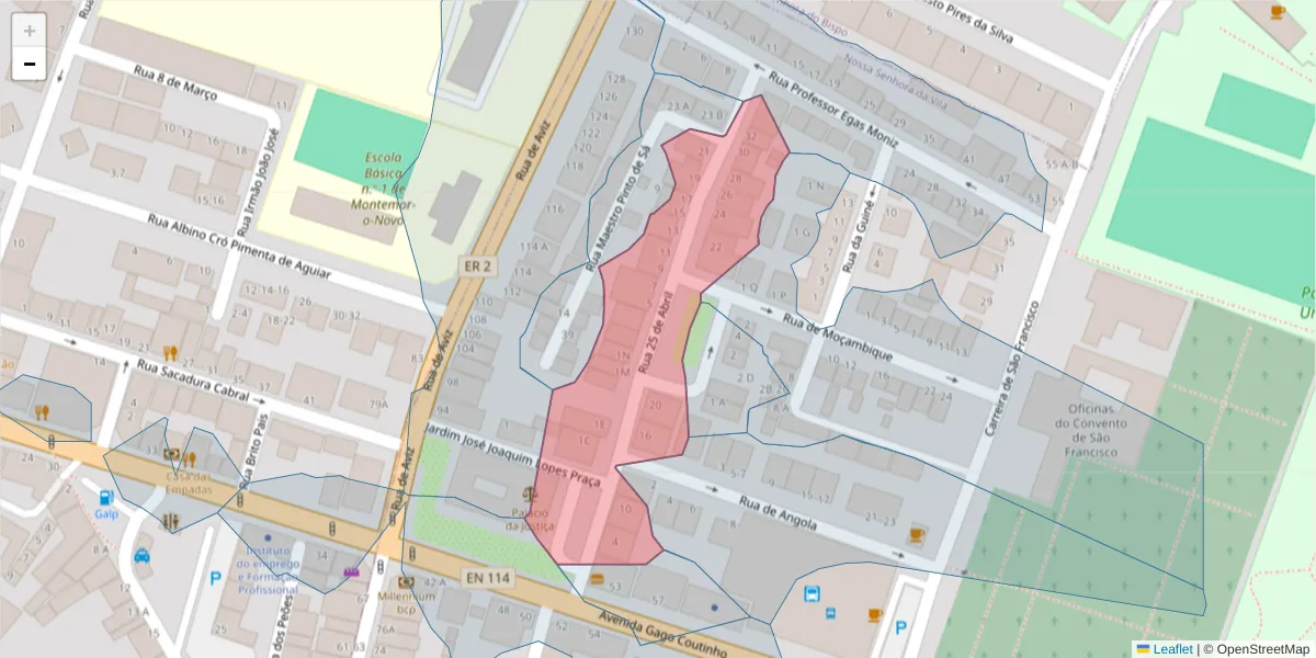 Mapa detalhado do código postal 7050-140 com limites, códigos postais vizinhos e agências dos correios