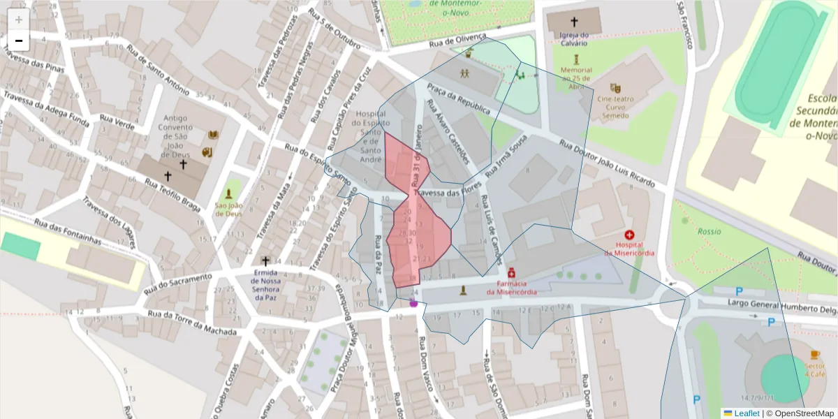 Mapa detalhado do código postal 7050-142 com limites, códigos postais vizinhos e agências dos correios