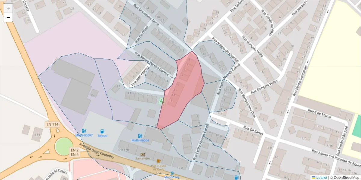 Mapa detalhado do código postal 7050-146 com limites, códigos postais vizinhos e agências dos correios