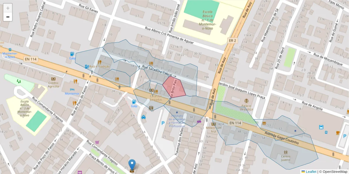 Mapa detalhado do código postal 7050-157 com limites, códigos postais vizinhos e agências dos correios