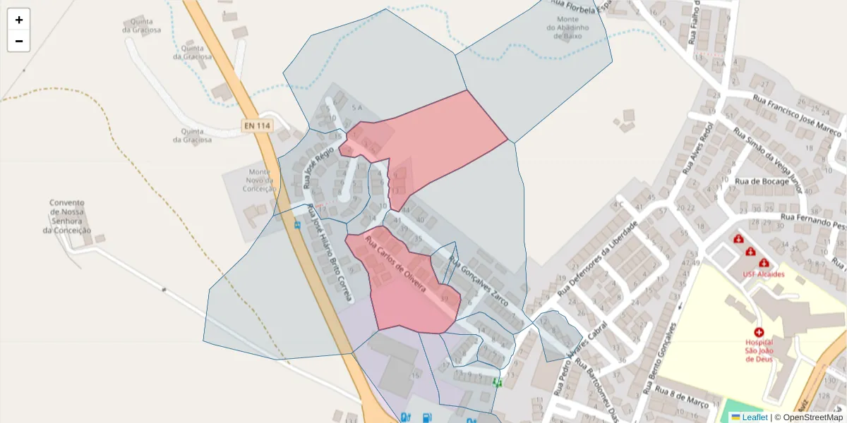 Mapa detalhado do código postal 7050-159 com limites, códigos postais vizinhos e agências dos correios