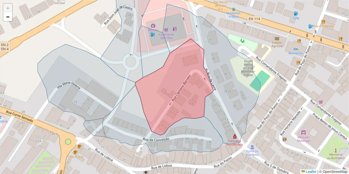 Mapa detalhado do código postal 7050-162 com limites, códigos postais vizinhos e agências dos correios