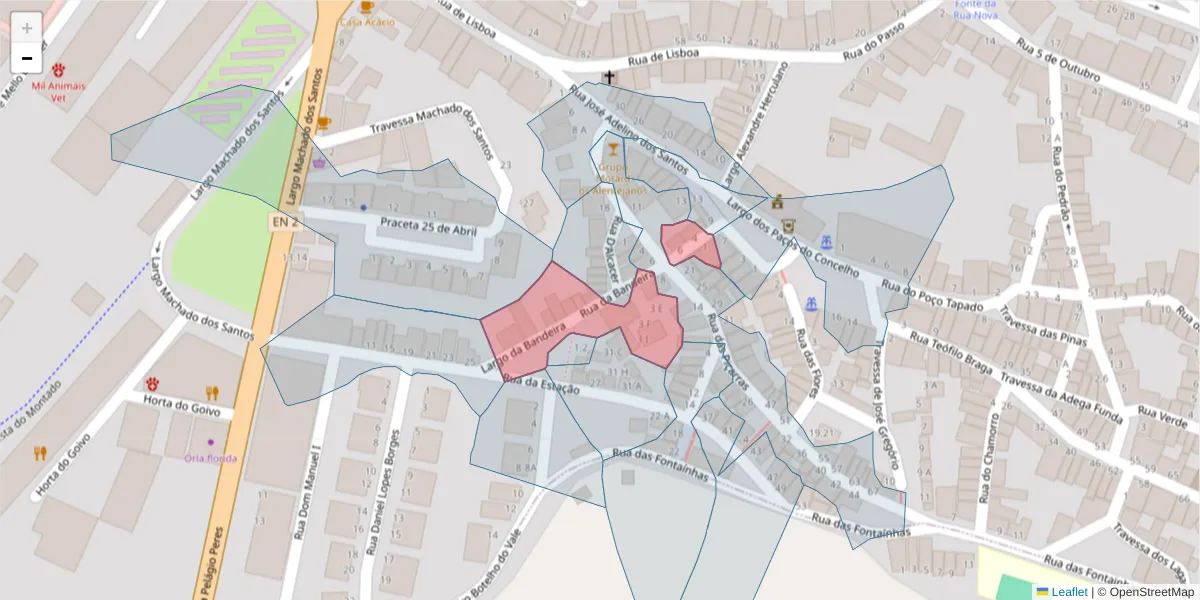 Mapa detalhado do código postal 7050-166 com limites, códigos postais vizinhos e agências dos correios
