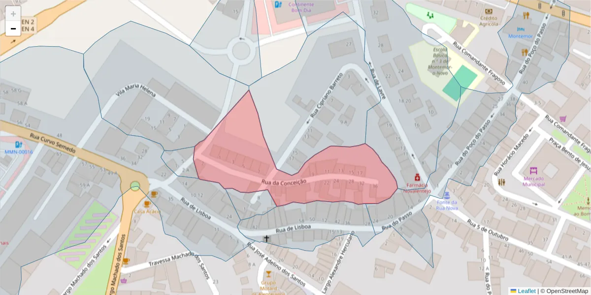 Mapa detalhado do código postal 7050-169 com limites, códigos postais vizinhos e agências dos correios