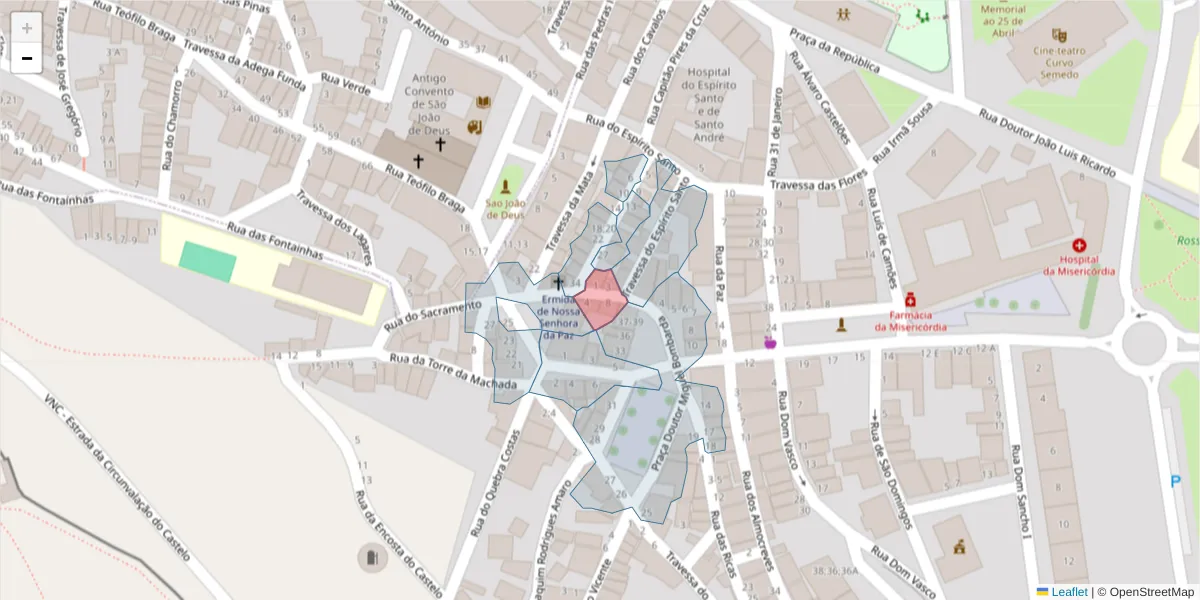 Mapa detalhado do código postal 7050-179 com limites, códigos postais vizinhos e agências dos correios