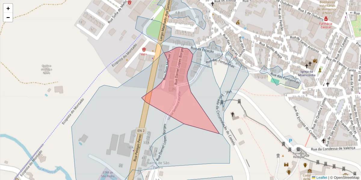 Mapa detalhado do código postal 7050-182 com limites, códigos postais vizinhos e agências dos correios