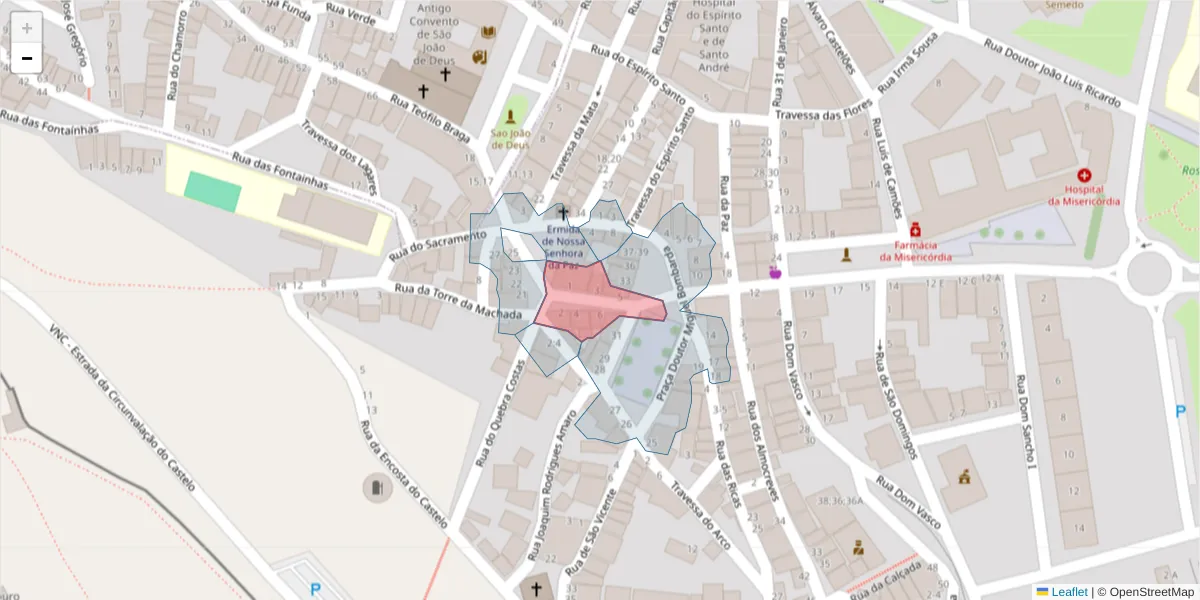 Mapa detalhado do código postal 7050-183 com limites, códigos postais vizinhos e agências dos correios