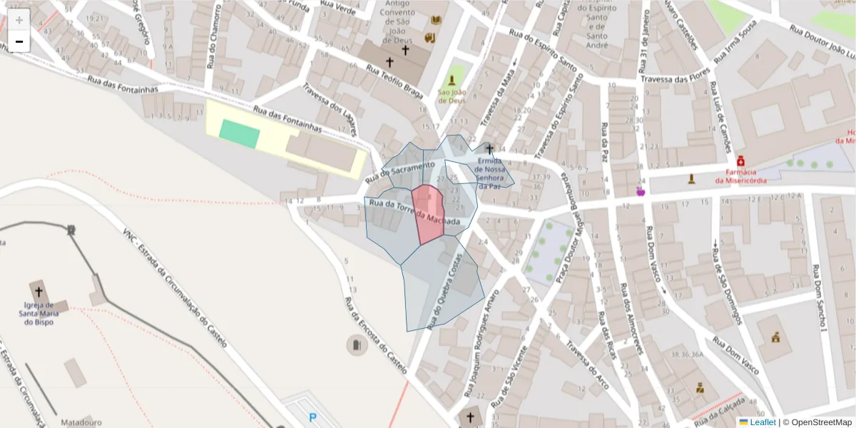 Mapa detalhado do código postal 7050-185 com limites, códigos postais vizinhos e agências dos correios
