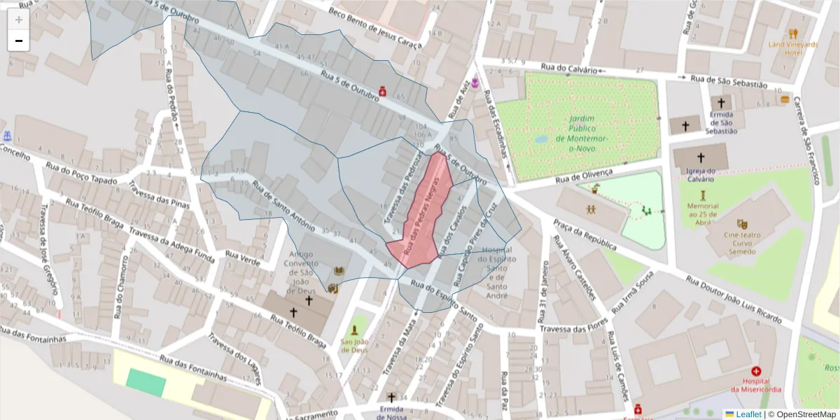 Mapa detalhado do código postal 7050-188 com limites, códigos postais vizinhos e agências dos correios