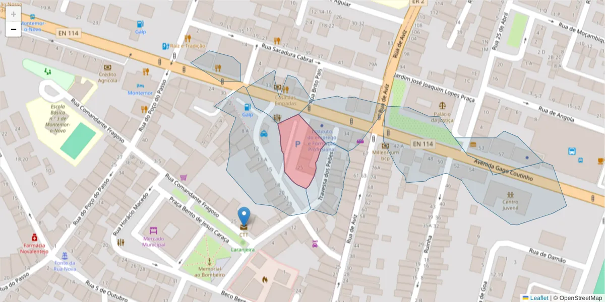 Mapa detalhado do código postal 7050-193 com limites, códigos postais vizinhos e agências dos correios