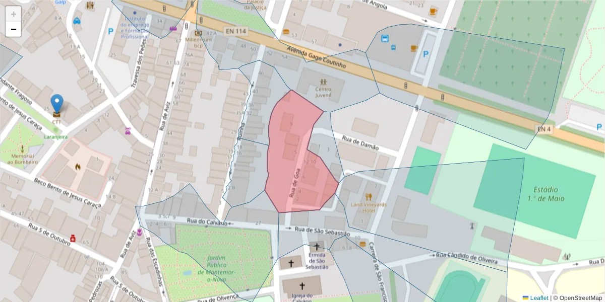 Mapa detalhado do código postal 7050-197 com limites, códigos postais vizinhos e agências dos correios