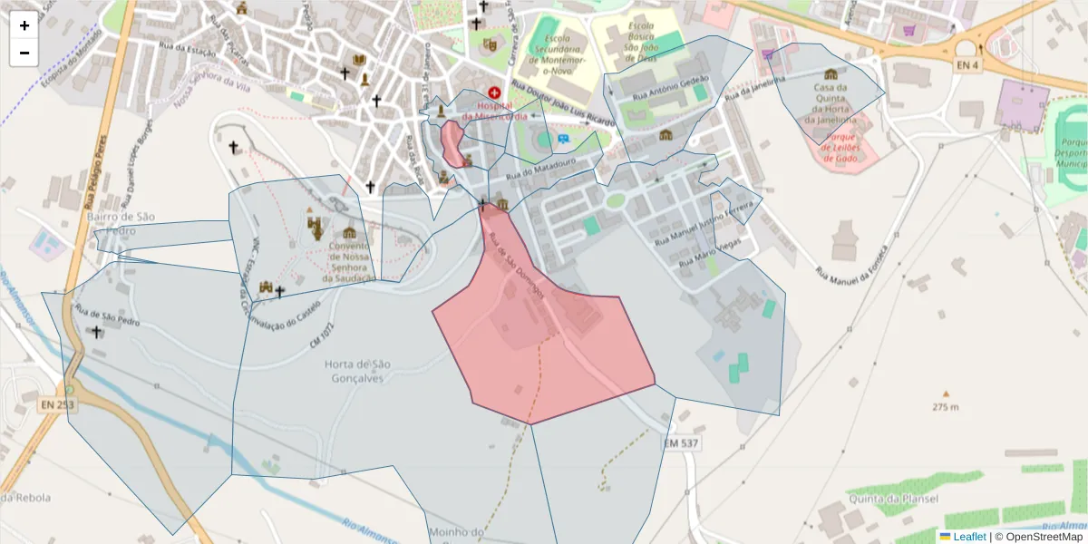 Mapa detalhado do código postal 7050-203 com limites, códigos postais vizinhos e agências dos correios