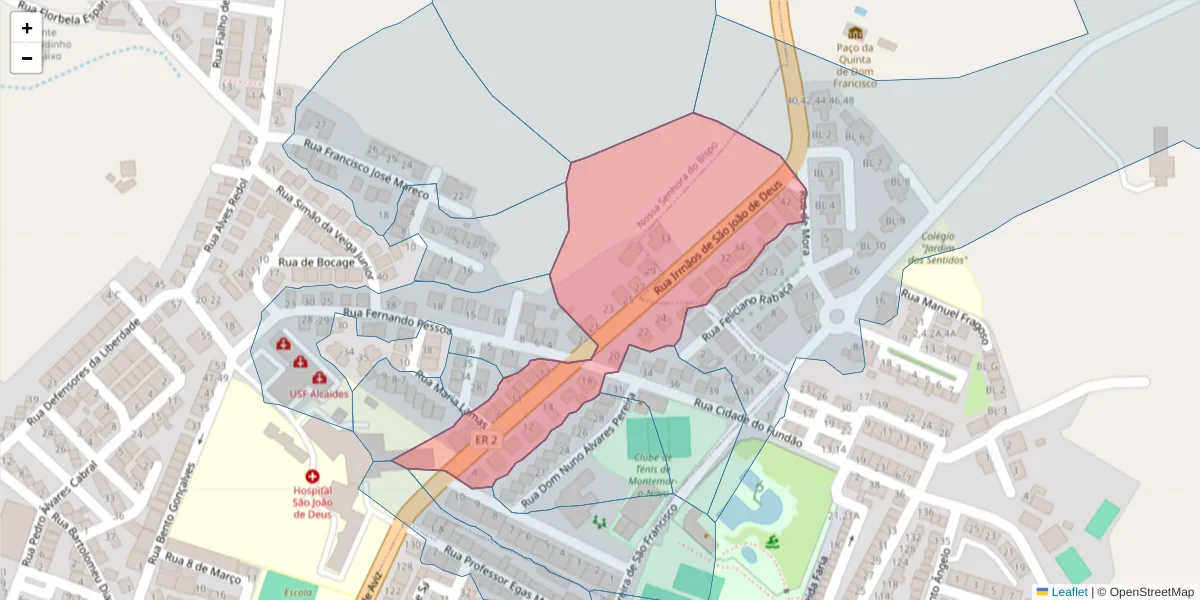 Mapa detalhado do código postal 7050-204 com limites, códigos postais vizinhos e agências dos correios