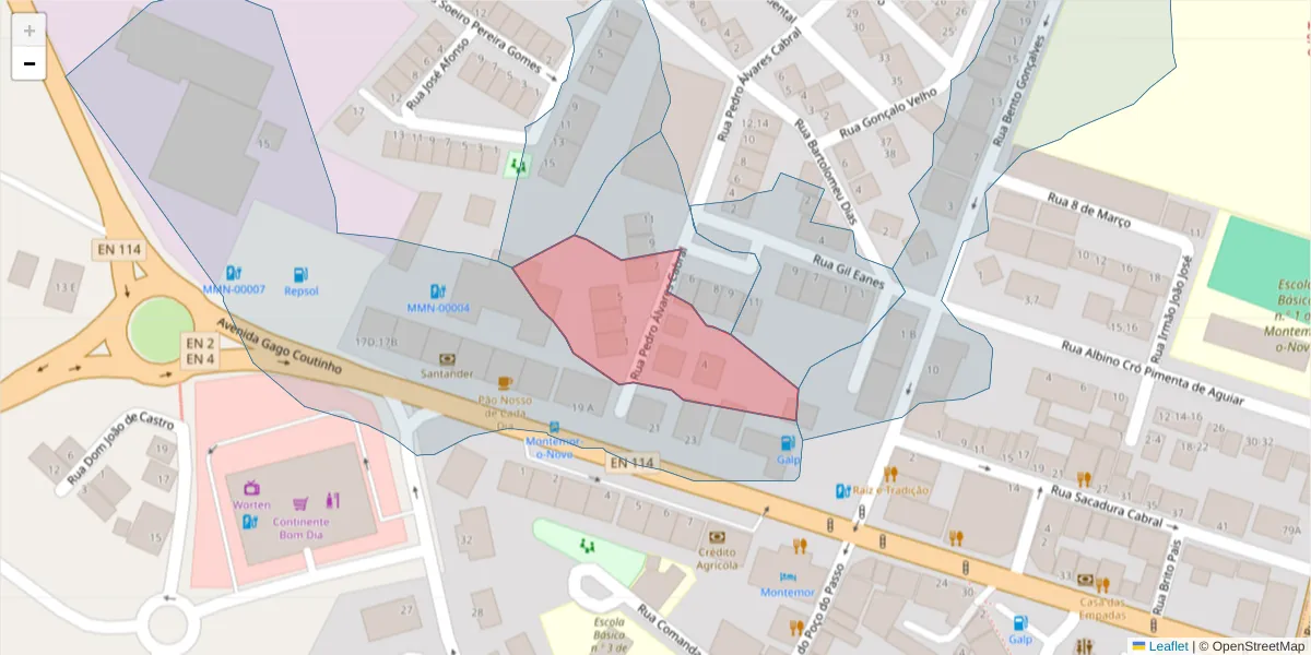 Mapa detalhado do código postal 7050-211 com limites, códigos postais vizinhos e agências dos correios