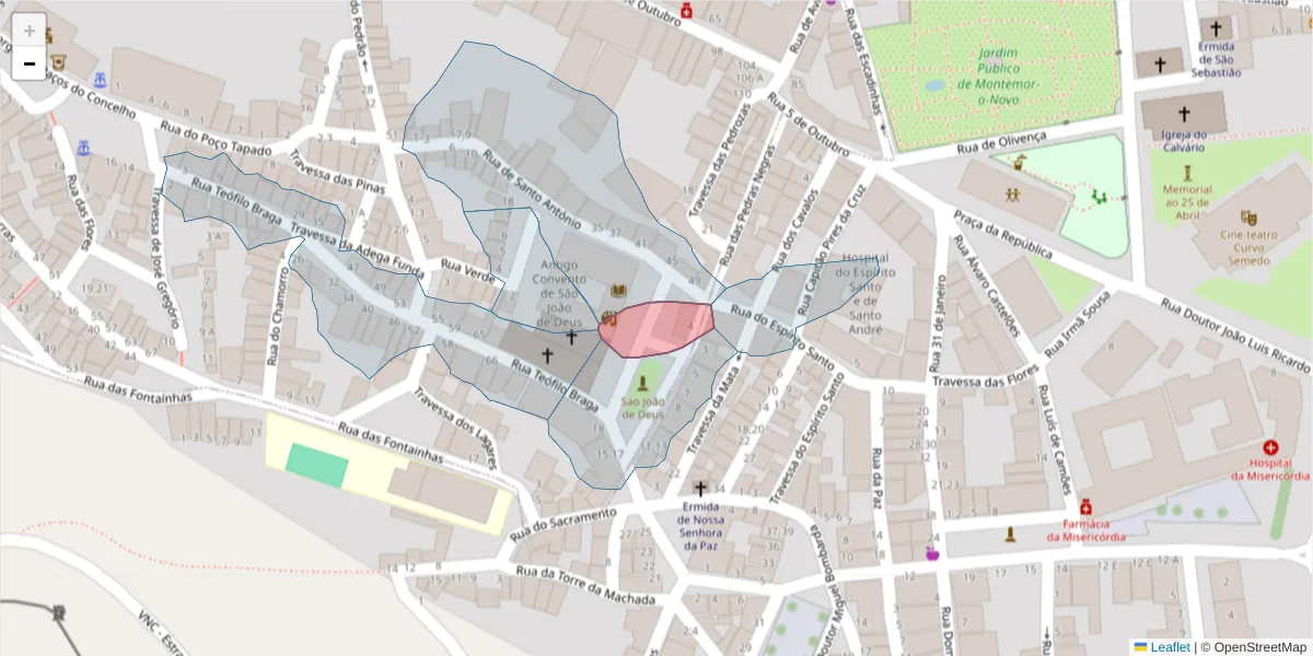 Mapa detalhado do código postal 7050-213 com limites, códigos postais vizinhos e agências dos correios