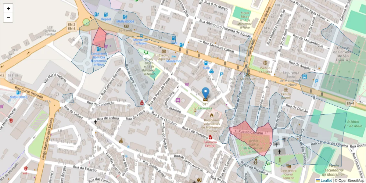 Mapa detalhado do código postal 7050-214 com limites, códigos postais vizinhos e agências dos correios