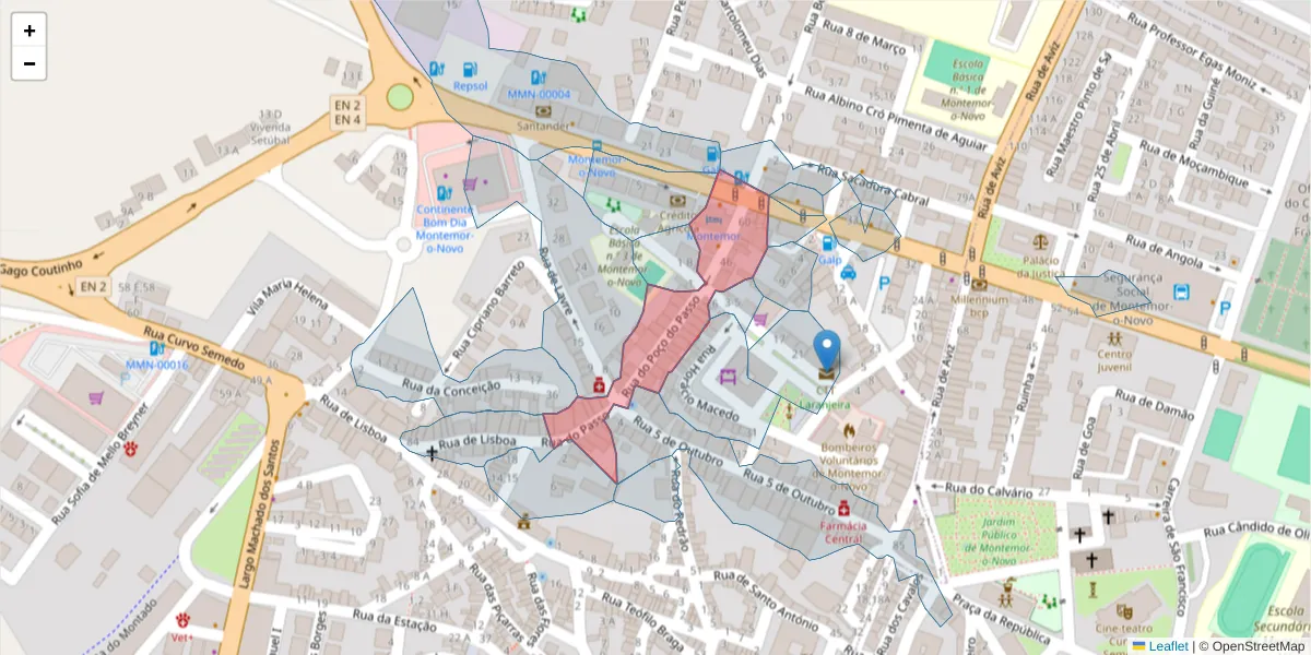 Mapa detalhado do código postal 7050-219 com limites, códigos postais vizinhos e agências dos correios