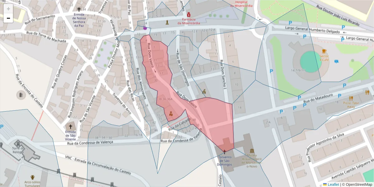 Mapa detalhado do código postal 7050-226 com limites, códigos postais vizinhos e agências dos correios