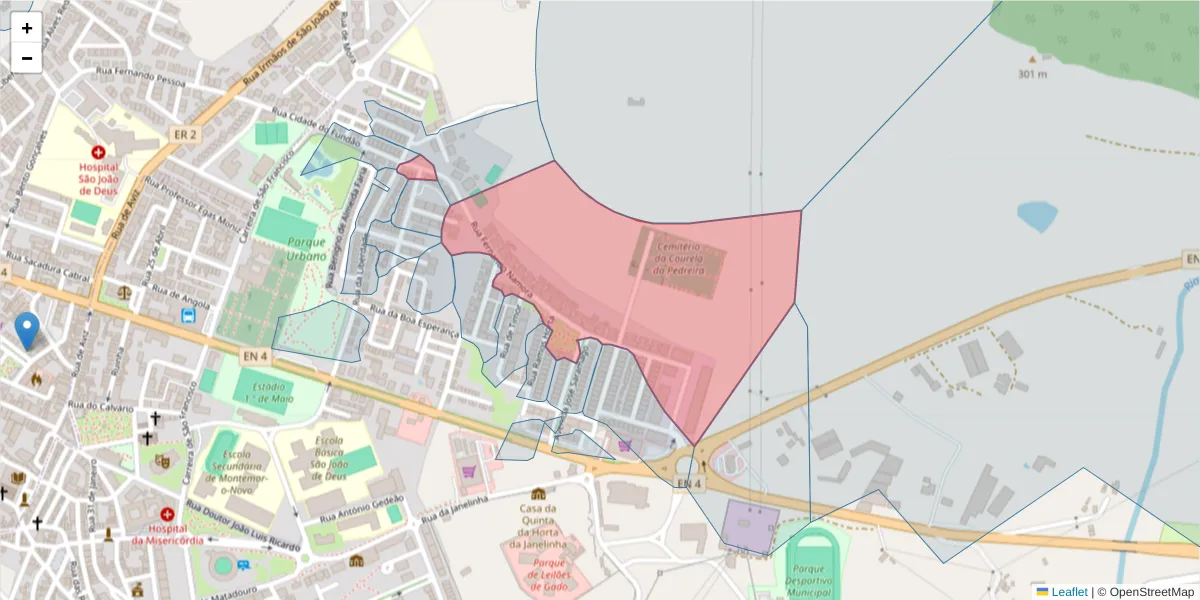 Mapa detalhado do código postal 7050-235 com limites, códigos postais vizinhos e agências dos correios