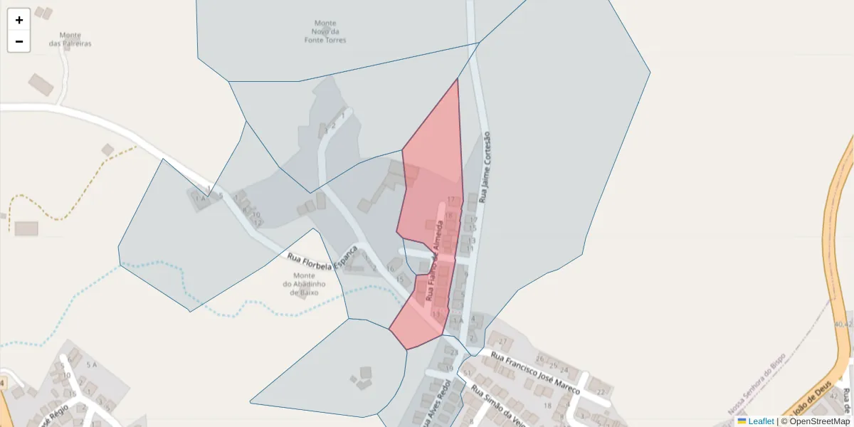Mapa detalhado do código postal 7050-239 com limites, códigos postais vizinhos e agências dos correios