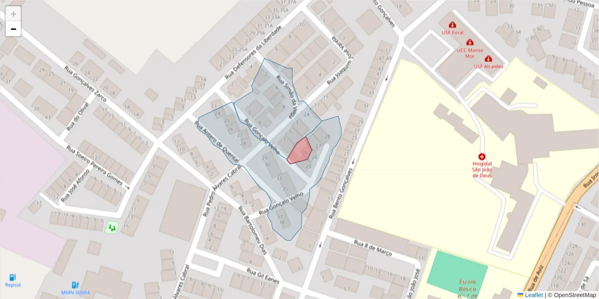 Mapa detalhado do código postal 7050-243 com limites, códigos postais vizinhos e agências dos correios