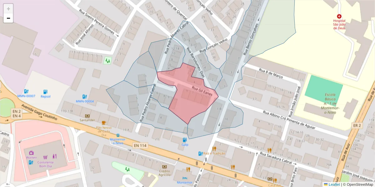 Mapa detalhado do código postal 7050-244 com limites, códigos postais vizinhos e agências dos correios