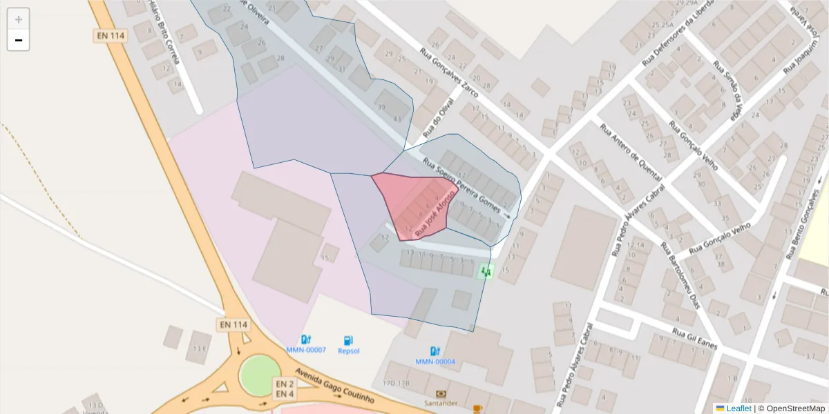 Mapa detalhado do código postal 7050-255 com limites, códigos postais vizinhos e agências dos correios
