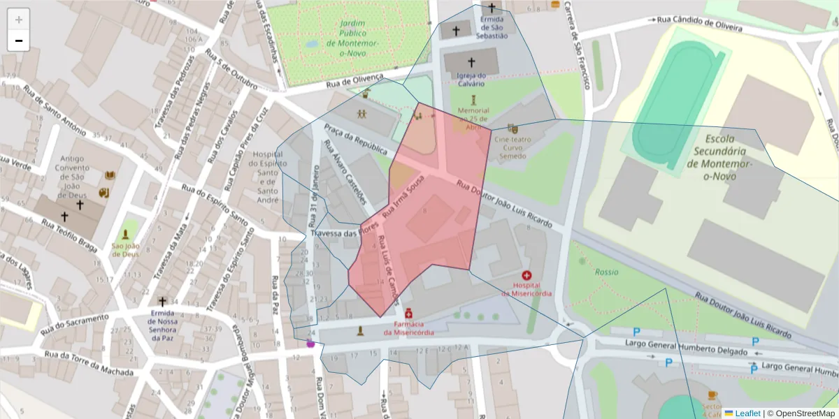 Mapa detalhado do código postal 7050-260 com limites, códigos postais vizinhos e agências dos correios