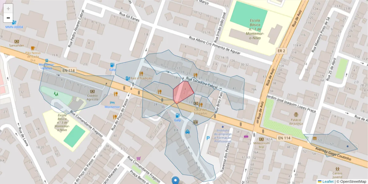 Mapa detalhado do código postal 7050-264 com limites, códigos postais vizinhos e agências dos correios