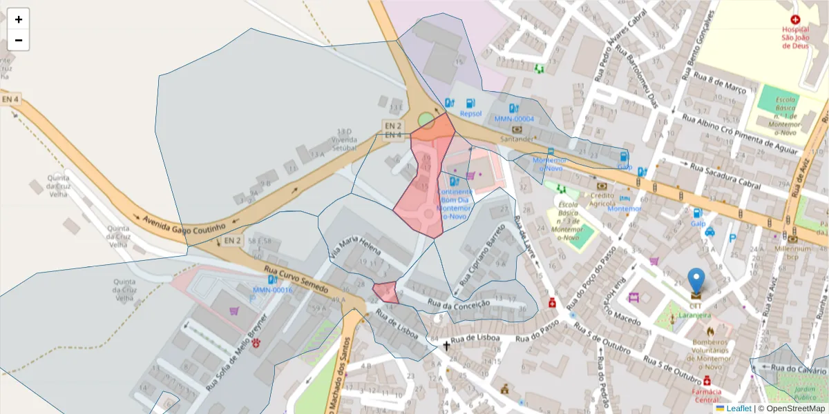 Mapa detalhado do código postal 7050-278 com limites, códigos postais vizinhos e agências dos correios