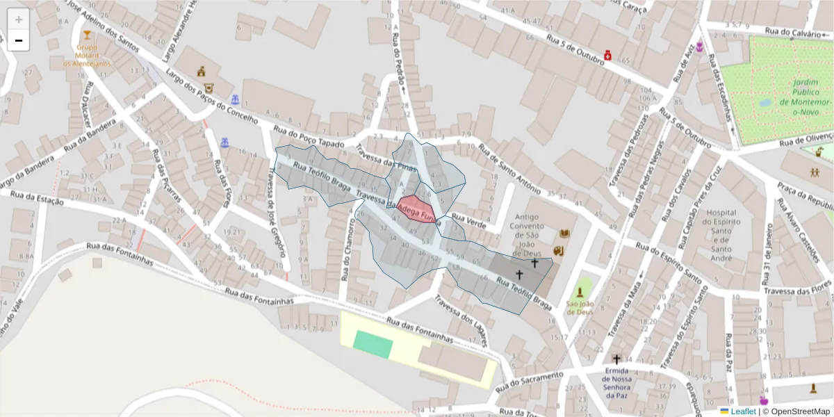 Mapa detalhado do código postal 7050-279 com limites, códigos postais vizinhos e agências dos correios