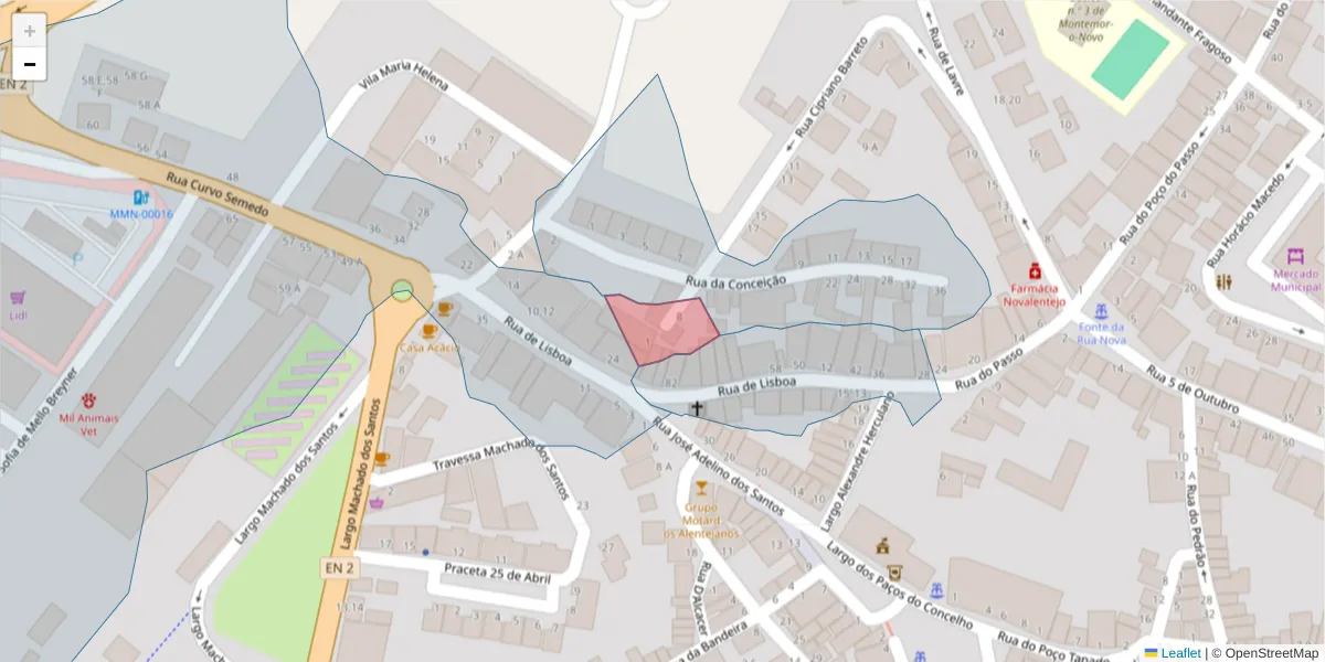 Mapa detalhado do código postal 7050-281 com limites, códigos postais vizinhos e agências dos correios