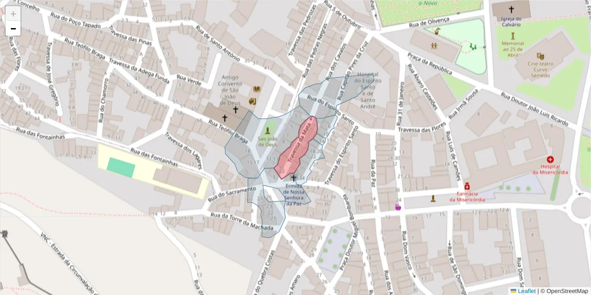 Mapa detalhado do código postal 7050-282 com limites, códigos postais vizinhos e agências dos correios