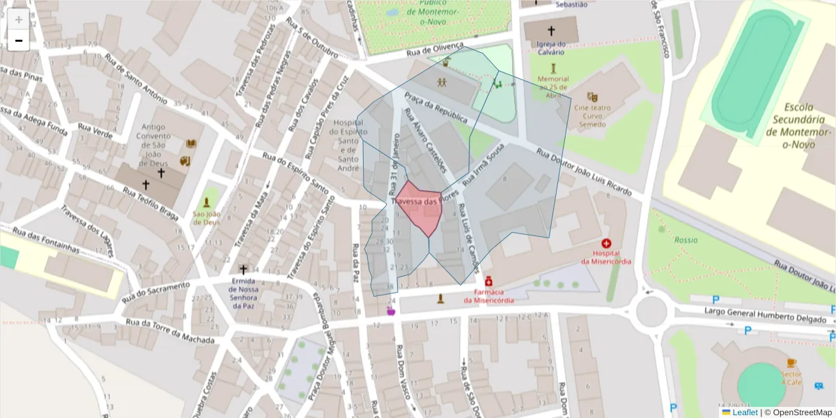 Mapa detalhado do código postal 7050-285 com limites, códigos postais vizinhos e agências dos correios
