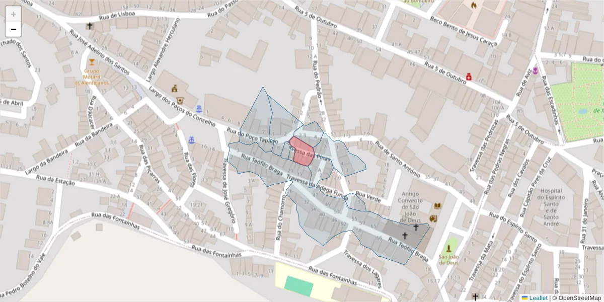 Mapa detalhado do código postal 7050-287 com limites, códigos postais vizinhos e agências dos correios