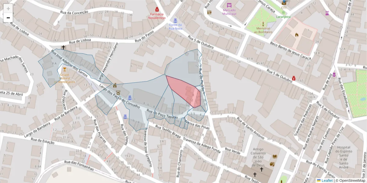 Mapa detalhado do código postal 7050-293 com limites, códigos postais vizinhos e agências dos correios