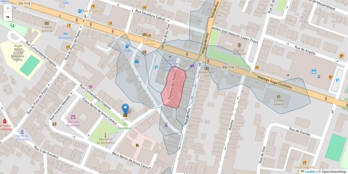Mapa detalhado do código postal 7050-296 com limites, códigos postais vizinhos e agências dos correios