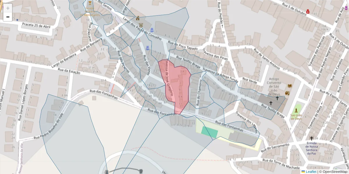 Mapa detalhado do código postal 7050-298 com limites, códigos postais vizinhos e agências dos correios