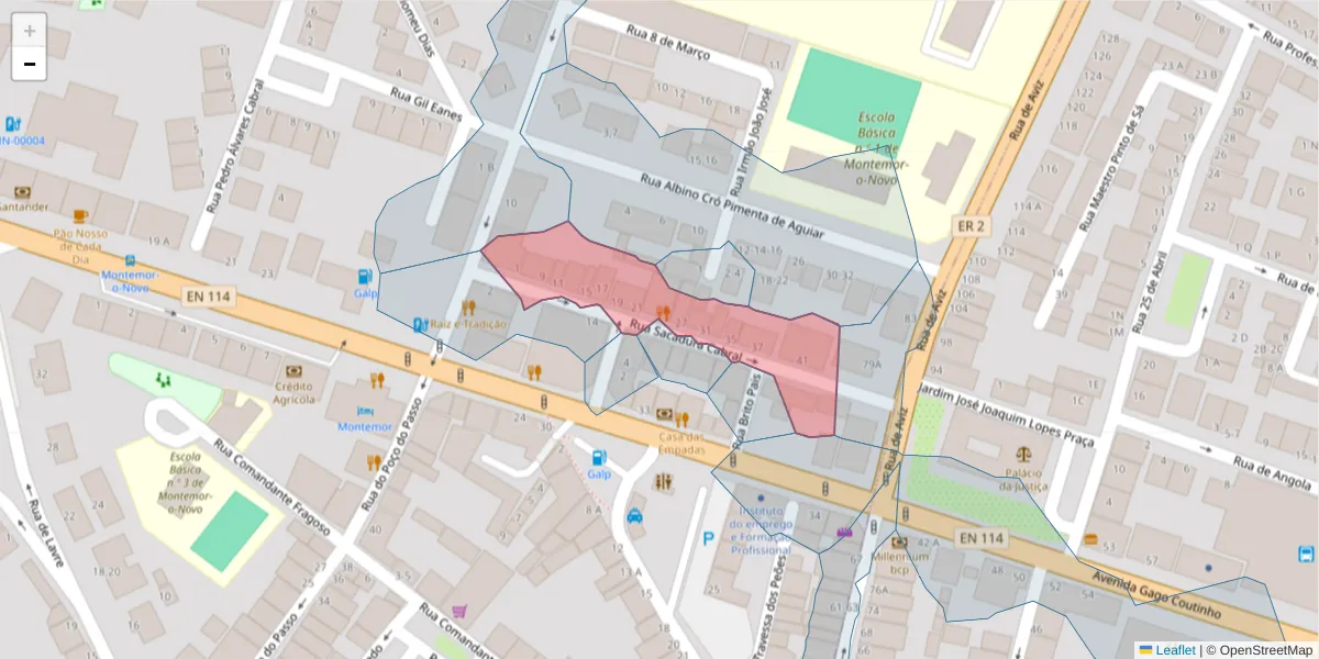 Mapa detalhado do código postal 7050-304 com limites, códigos postais vizinhos e agências dos correios