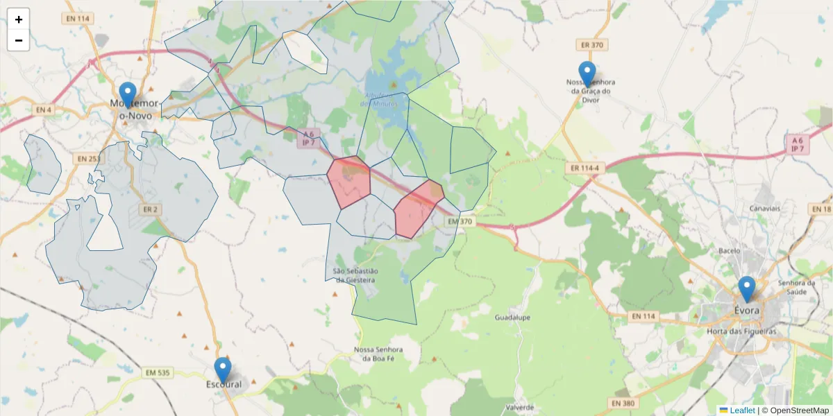 Mapa detalhado do código postal 7050-321 com limites, códigos postais vizinhos e agências dos correios