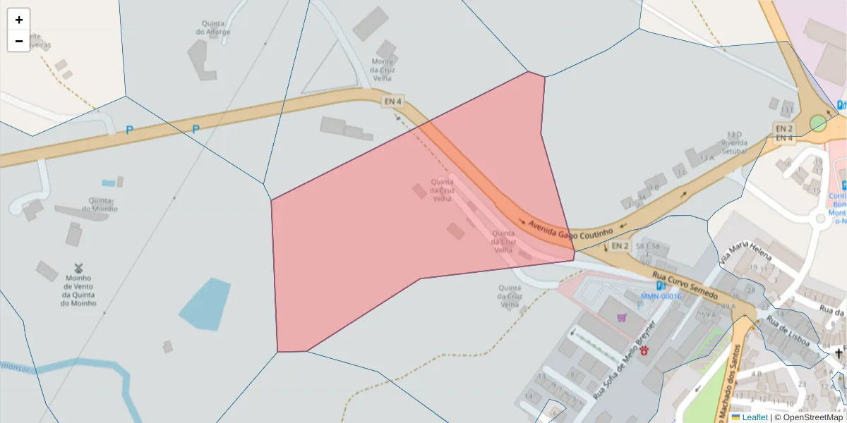 Mapa detalhado do código postal 7050-327 com limites, códigos postais vizinhos e agências dos correios