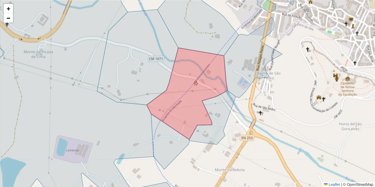 Mapa detalhado do código postal 7050-328 com limites, códigos postais vizinhos e agências dos correios