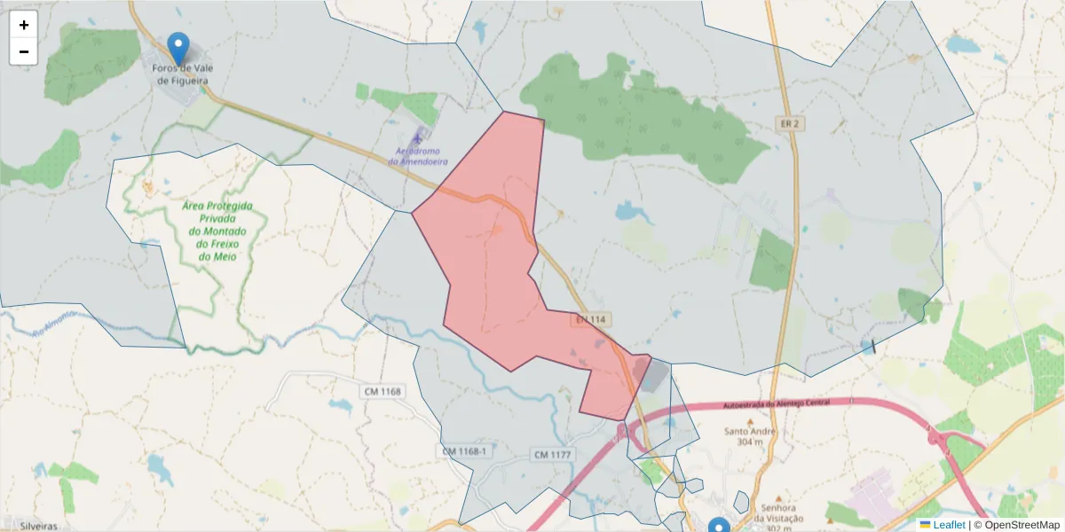 Mapa detalhado do código postal 7050-343 com limites, códigos postais vizinhos e agências dos correios